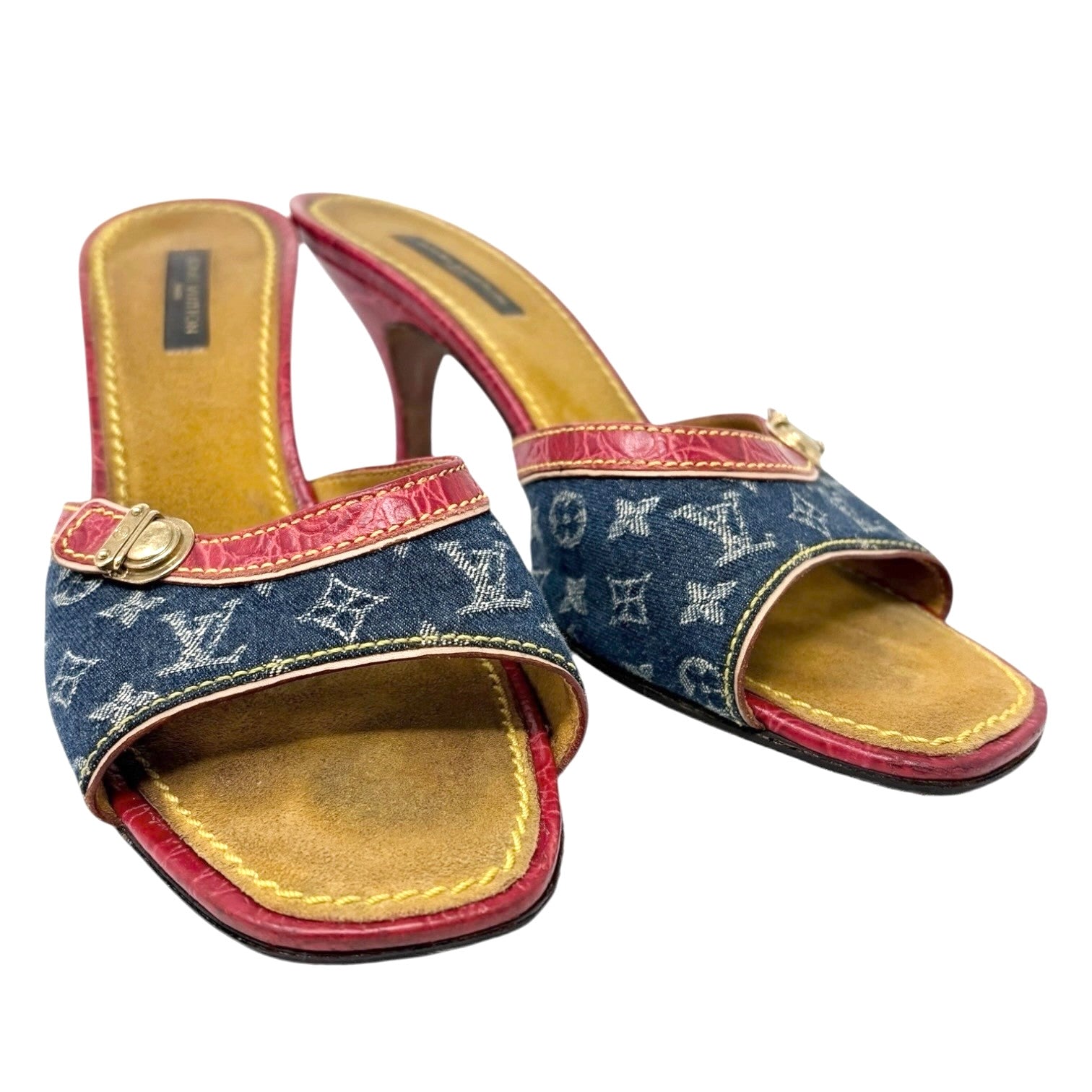 LOUIS VUITTON Vintage Monogram Denim Mule Sandals Heels #39 Blue Red Leather