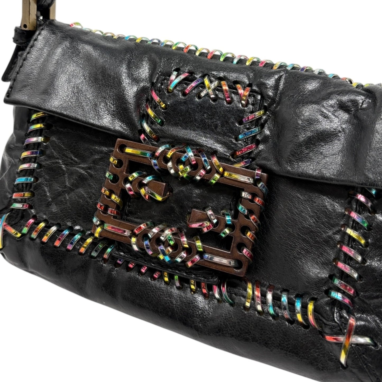 FENDI Vintage Mamma Baguette Multicolor Whipstitch Mini Bag Black 901874