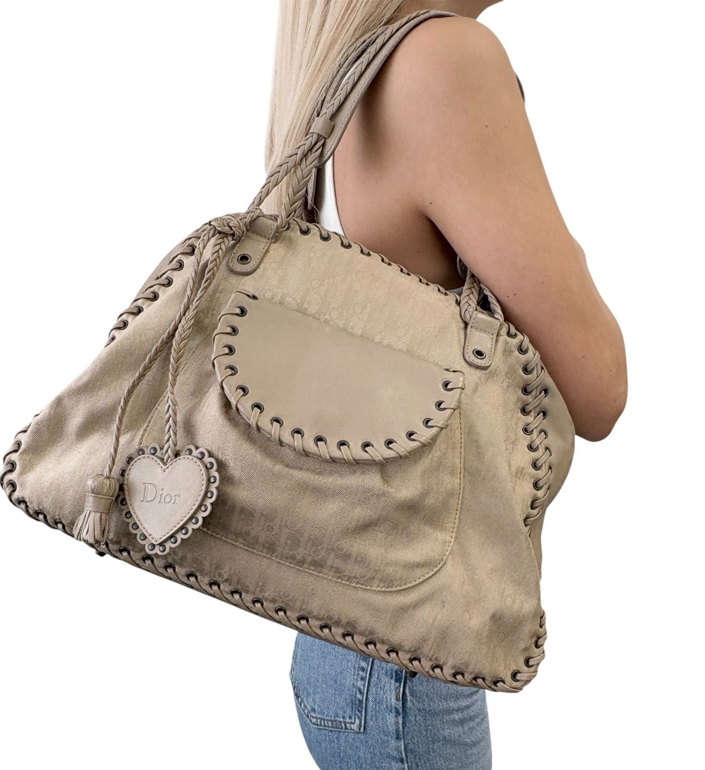 Christian Dior Vintage Trotter Monogram Canvas Ethnic Shoulder Bag Beige Heart