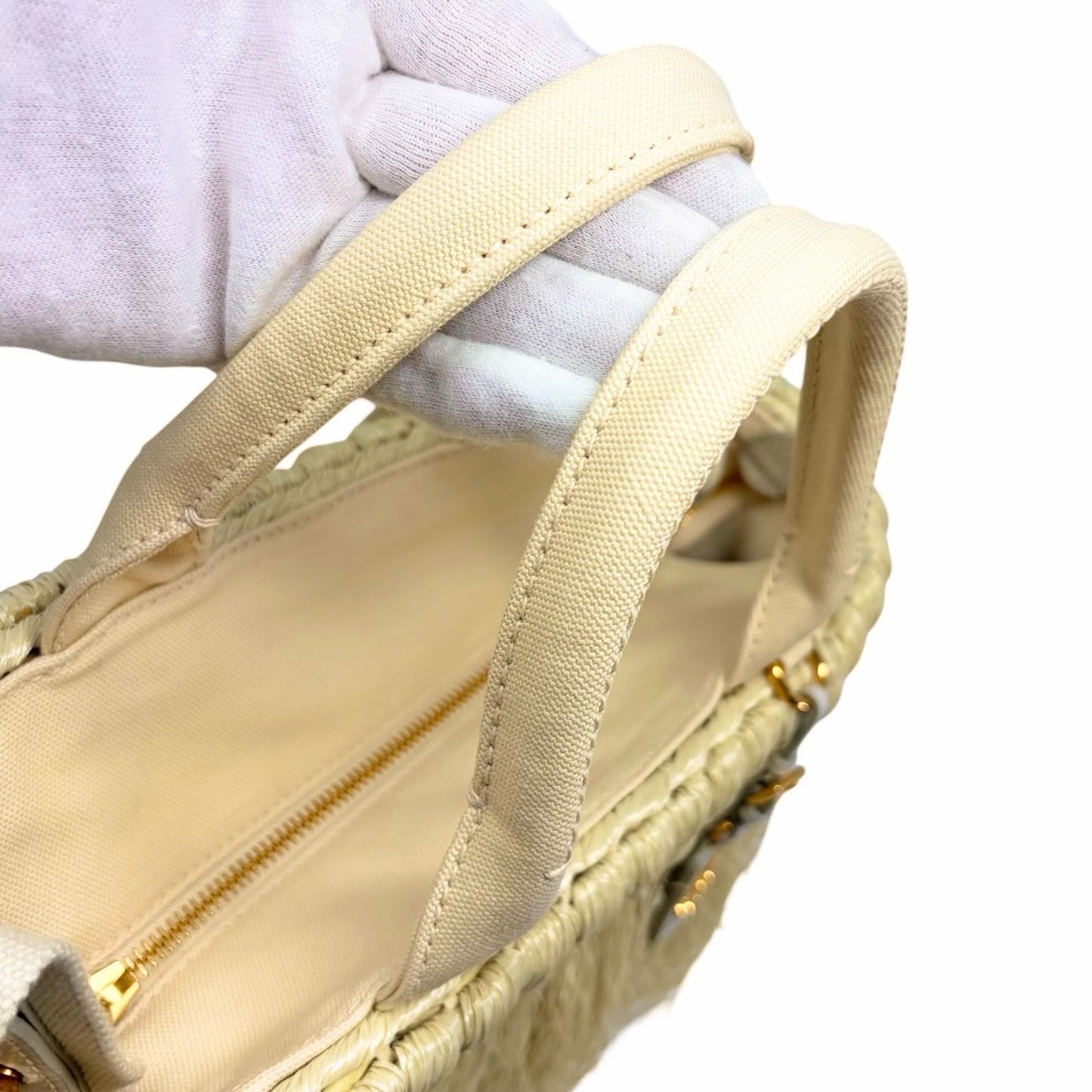 PRADA Vintage Fringe Raffia Straw Tote Crossbody Bag 2way Cream Gold 902091