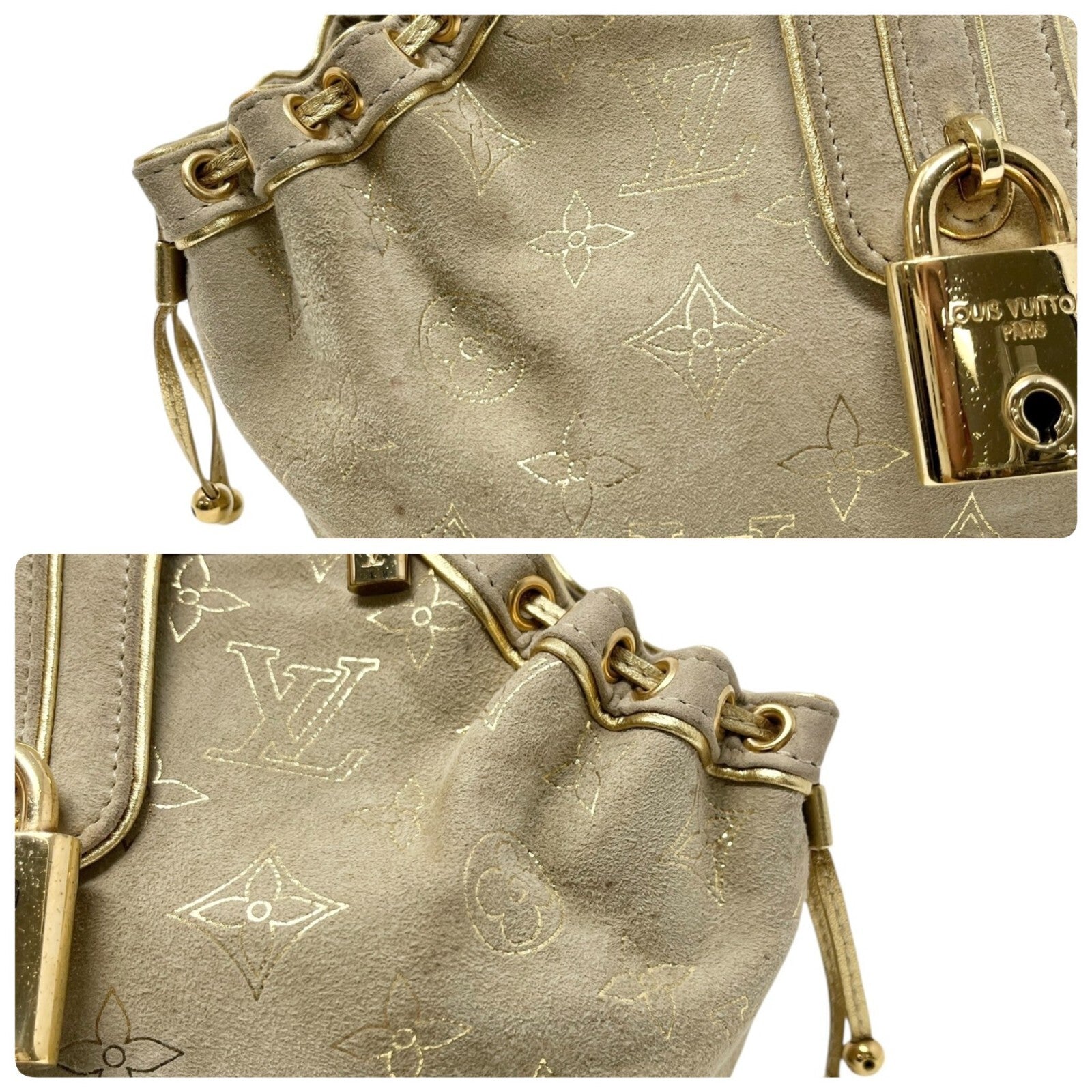 LOUIS VUITTON Vintage LV Monogram Extraordinary Theda Mini Bag Beige Gold Suede