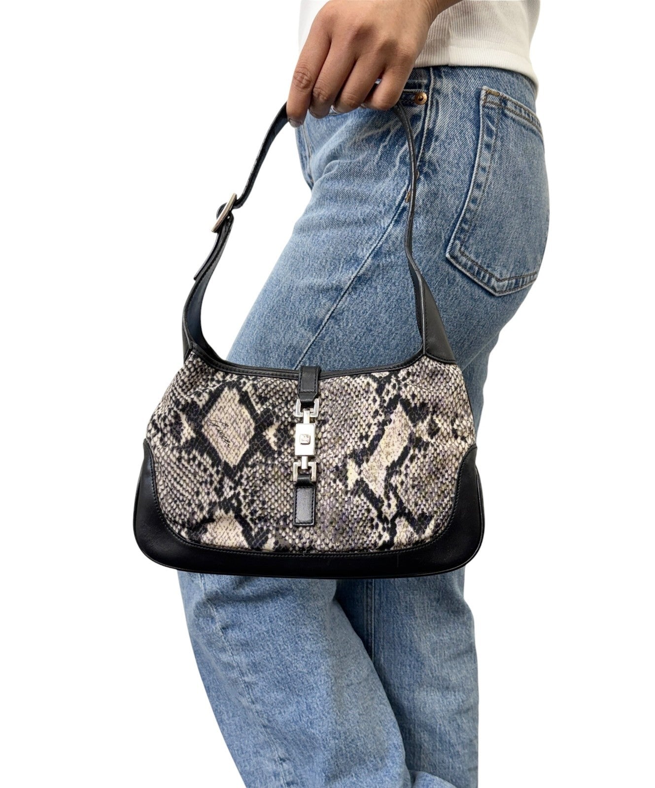 GUCCI Vintage Logo Jackie Snake Print Shoulder Bag Black White Nylon 902411