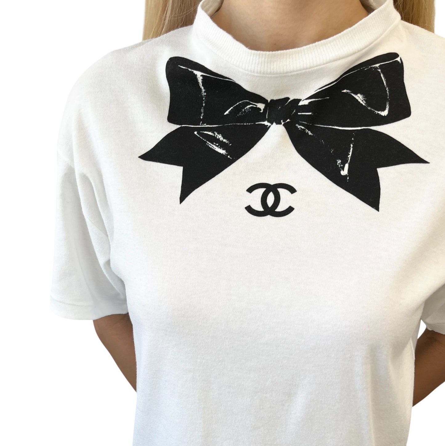 CHANEL Vintage CC Logo Bow Graphic Crewneck T-shirt Top #M White Cotton Ribbon