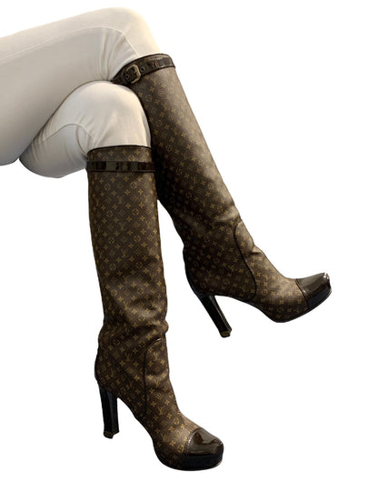 LOUIS VUITTON Vintage LV Monogram Long Boots #37-37.5 Heels Brown Black 902463
