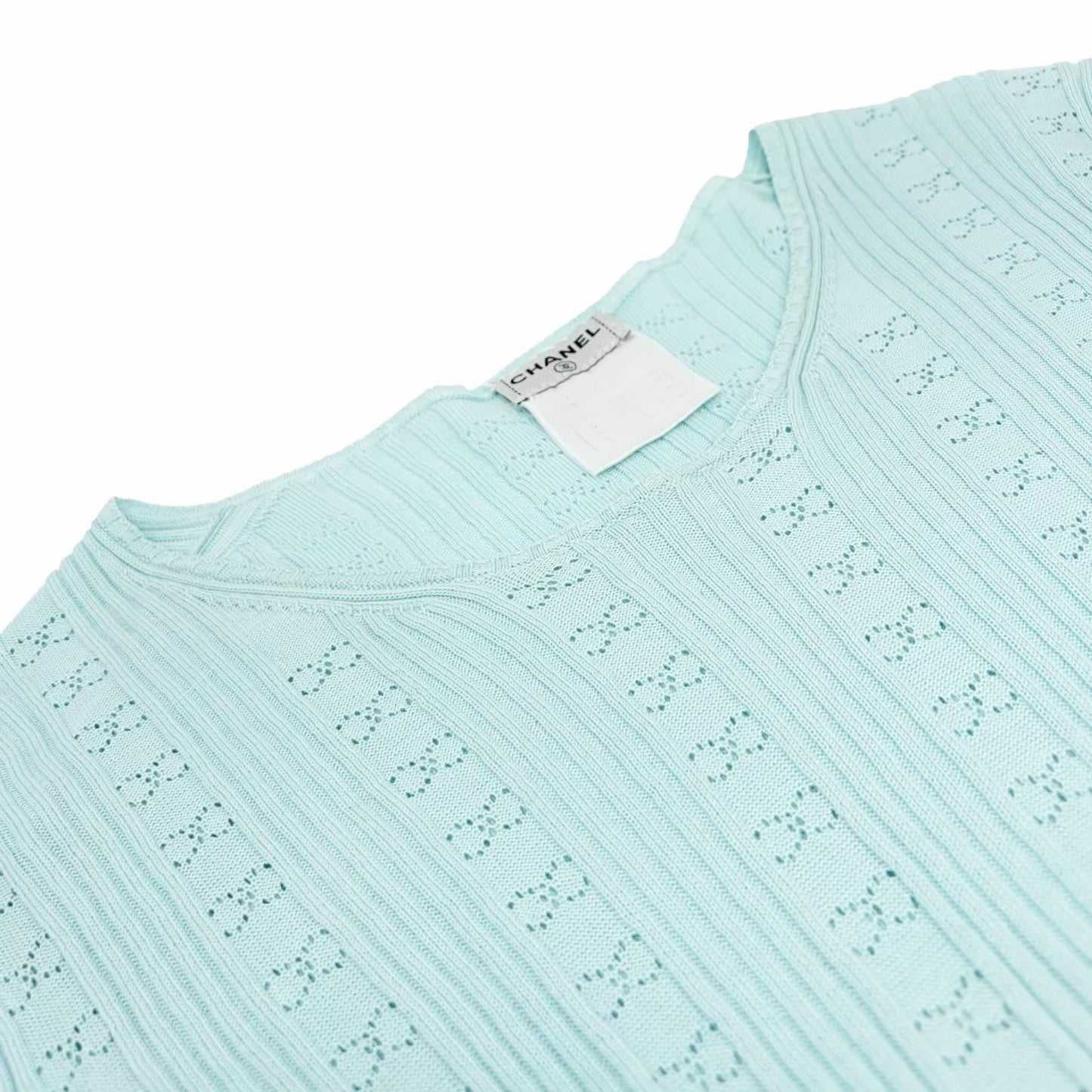 CHANEL Vintage CC Logo Rib Knit T-shirt Top Light Blue Cotton 901807