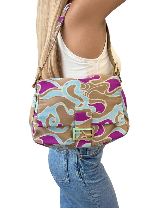FENDI Vintage FF Logo Mamma Baguette Psychedelic Print Shoulder Bag Silk Beige