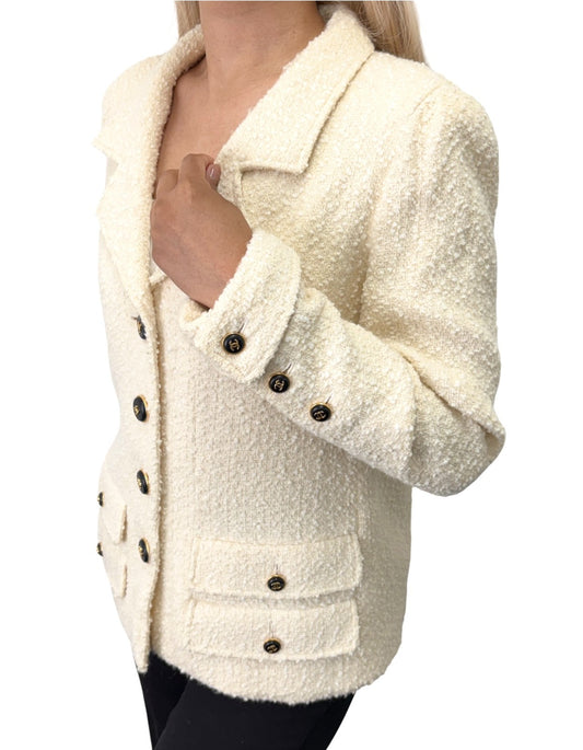 CHANEL Vintage CC Logo Tweed Double Pockets Jacket #38 Beige Black 902833