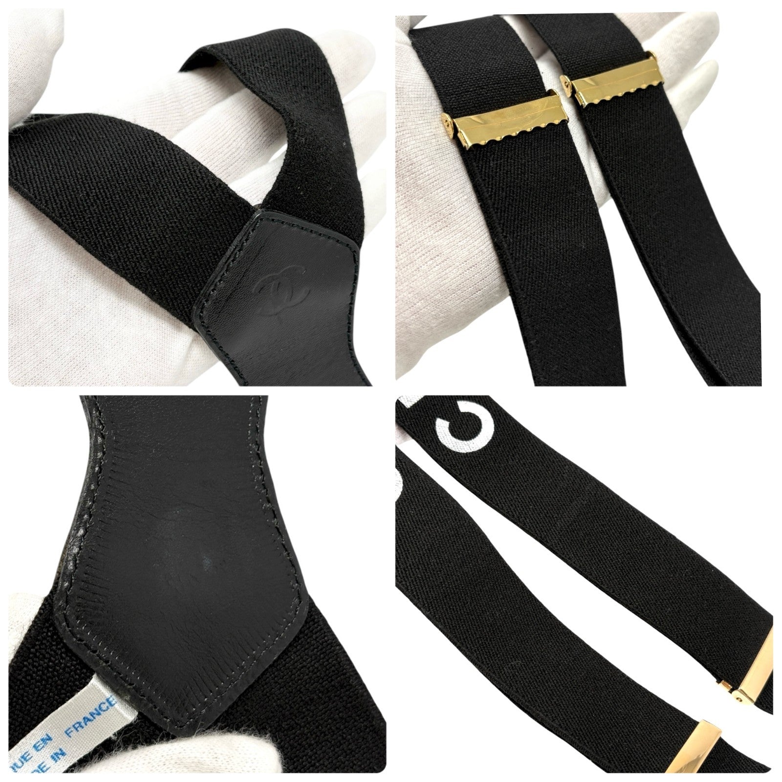 CHANEL Vintage 1994 CC Logo Letter Suspender Belt Black White Cotton Leather