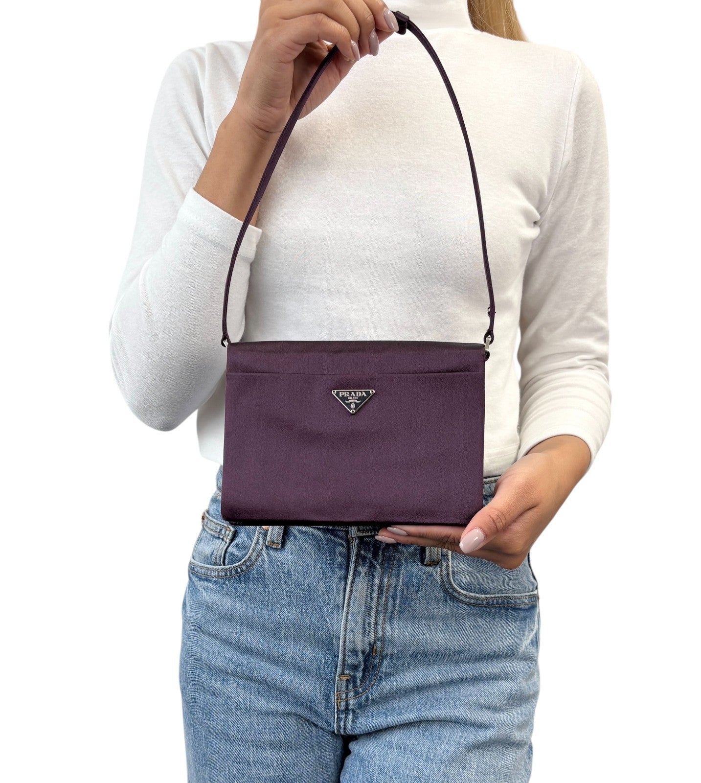 PRADA Vintage Triangle Logo Satin Shoulder Mini Bag Handbag Purple Silver