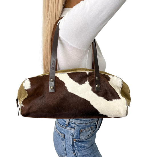 miu miu Vintage Pony Calf Hair Shoulder Bag Brown White Corduroy 902373