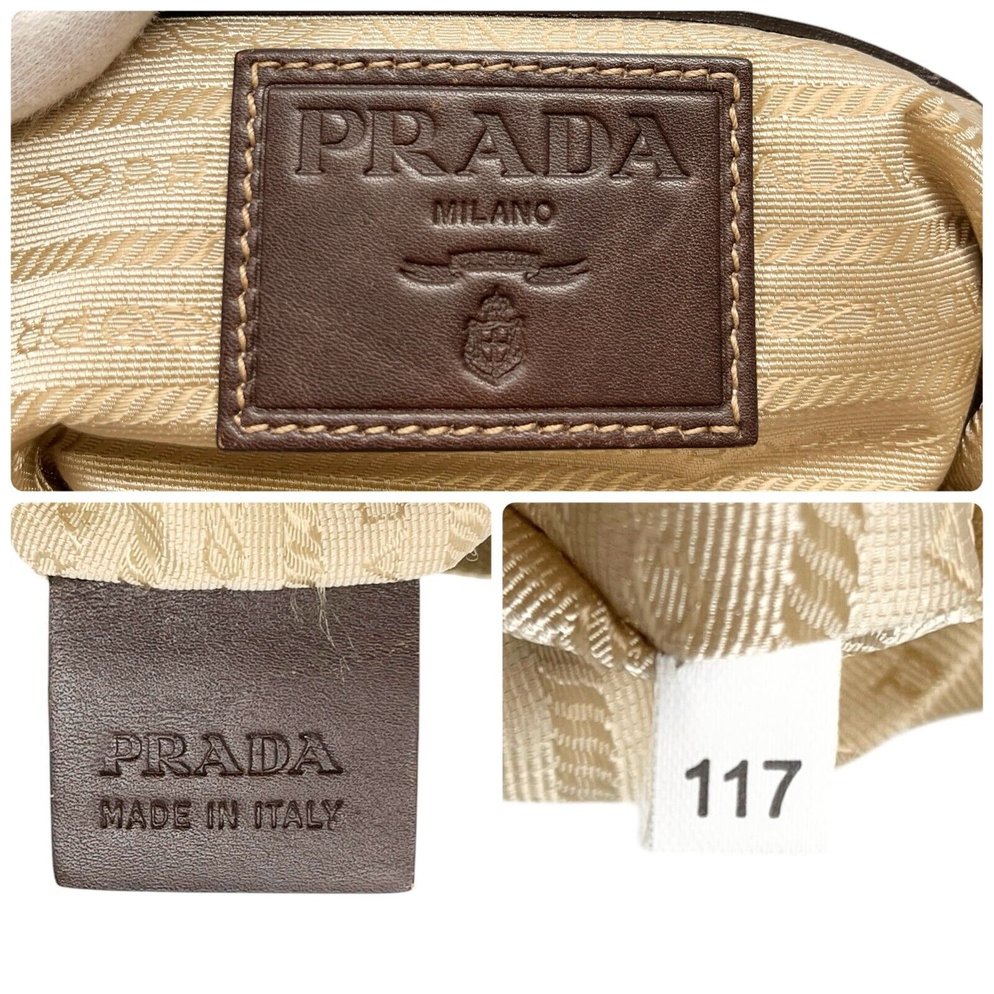 PRADA Vintage Logo Crossbody Shoulder Bag Zip Beige Brown Silver Canvas Leather
