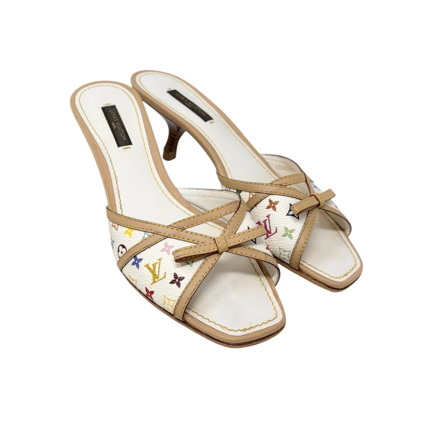 LOUIS VUITTON Vintage Monogram Multicolor Sandals Heels #37 White Beige