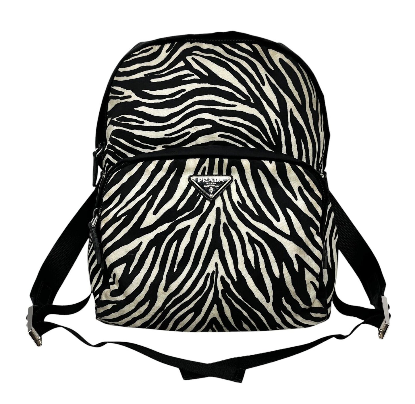 PRADA Vintage Logo Zebra Backpack Zip Mesh Black White Nylon Leather