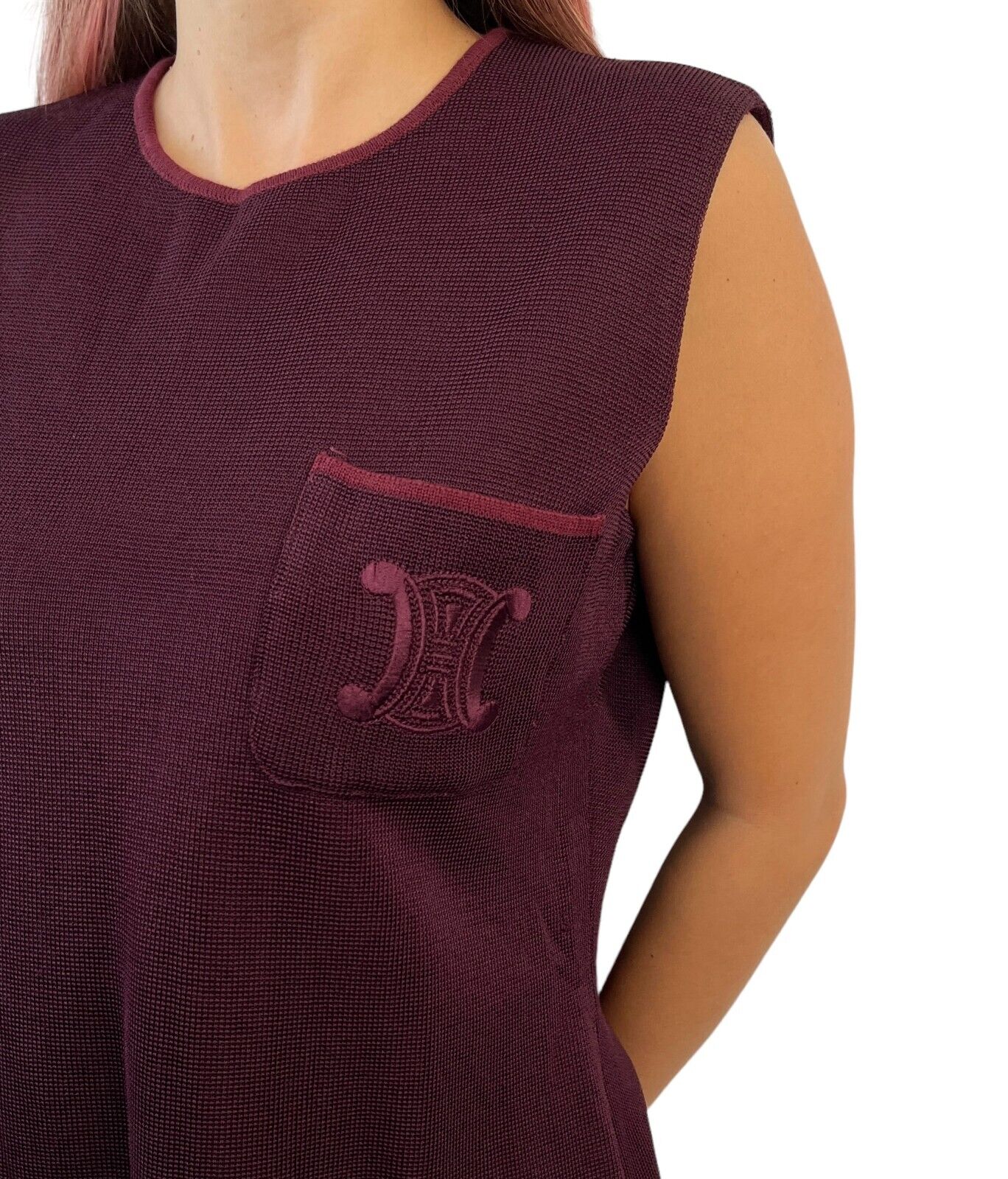 CELINE Vintage Logo Tank Top #38 Wine Red Sleeveless Top Nylon Pocket RankAB