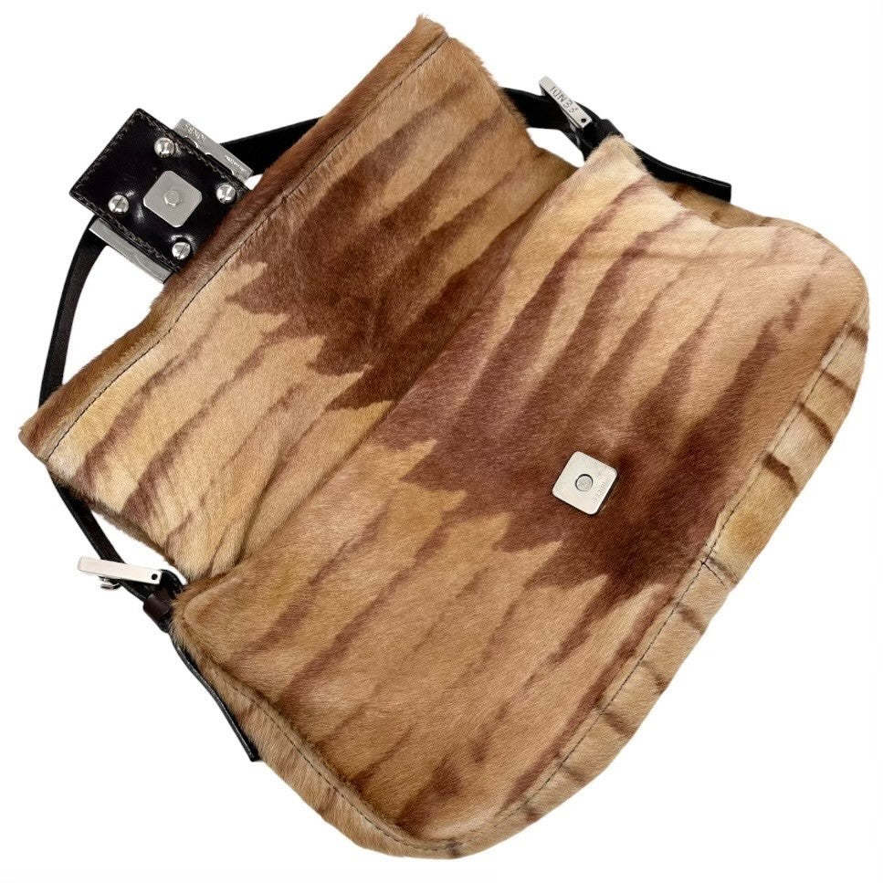 FENDI Vintage Mamma Baguette Pony Calf Hair Shoulder Bag Brown Beige 901889