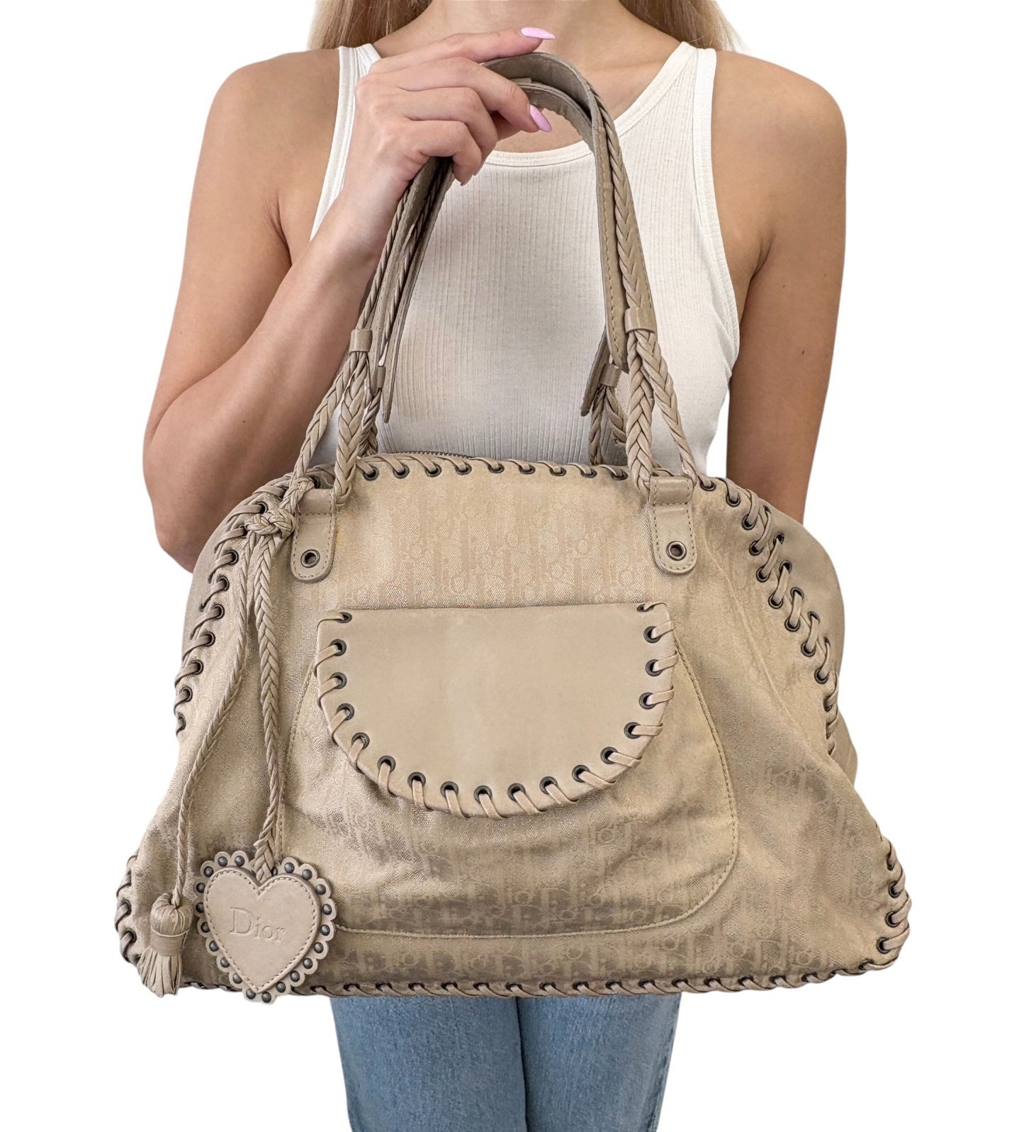 Christian Dior Vintage Trotter Monogram Canvas Ethnic Shoulder Bag Beige Heart