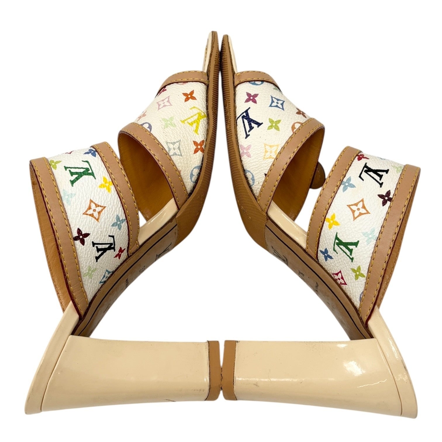 LOUIS VUITTON Vintage Monogram Multicolor Heels Sandals #37.5 White Murakami