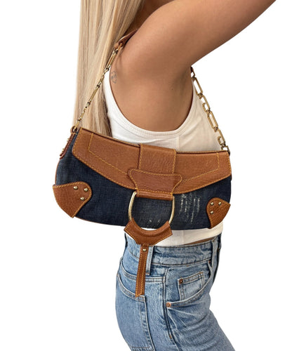 DOLCE&GABBANA Vintage Flap D-Ring Denim Shoulder Bag Blue Brown Denim 902059