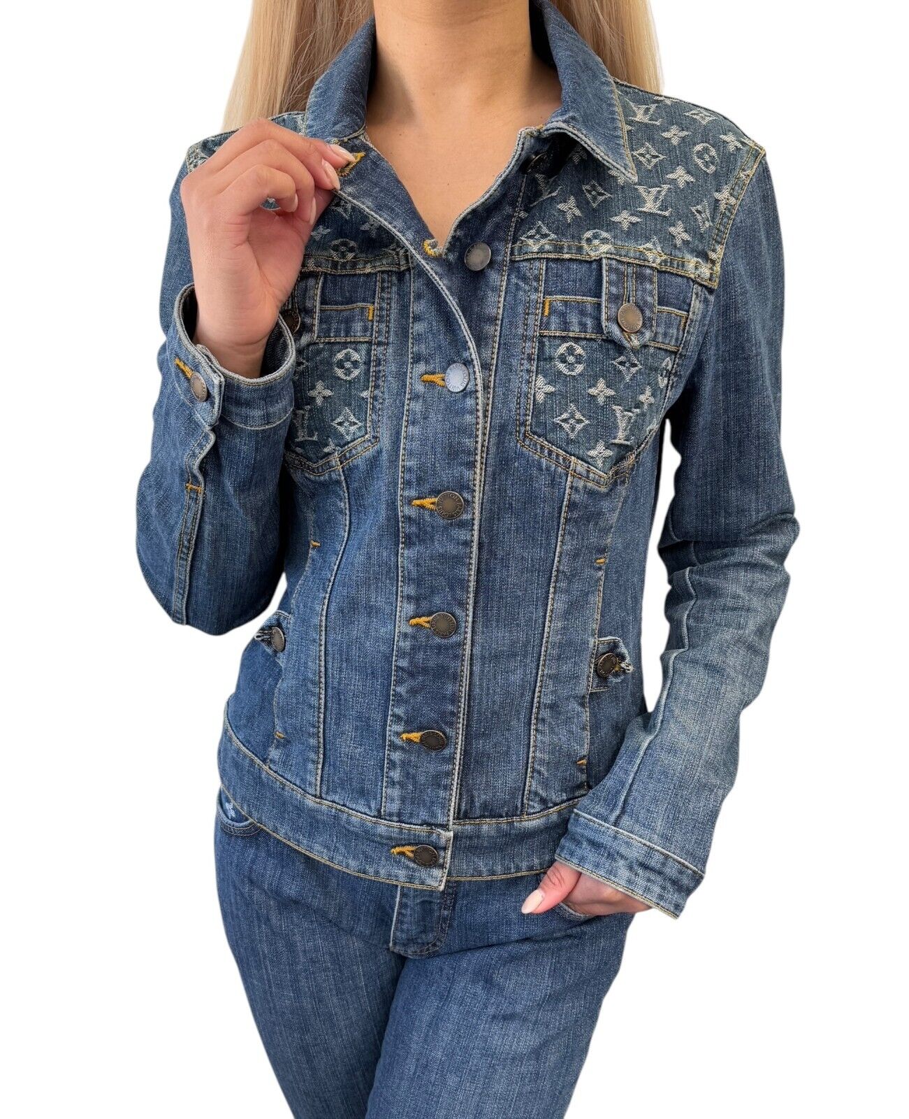 LOUIS VUITTON Vintage Monogram Denim Jacket Pants Set #38 Button Blue Cotton