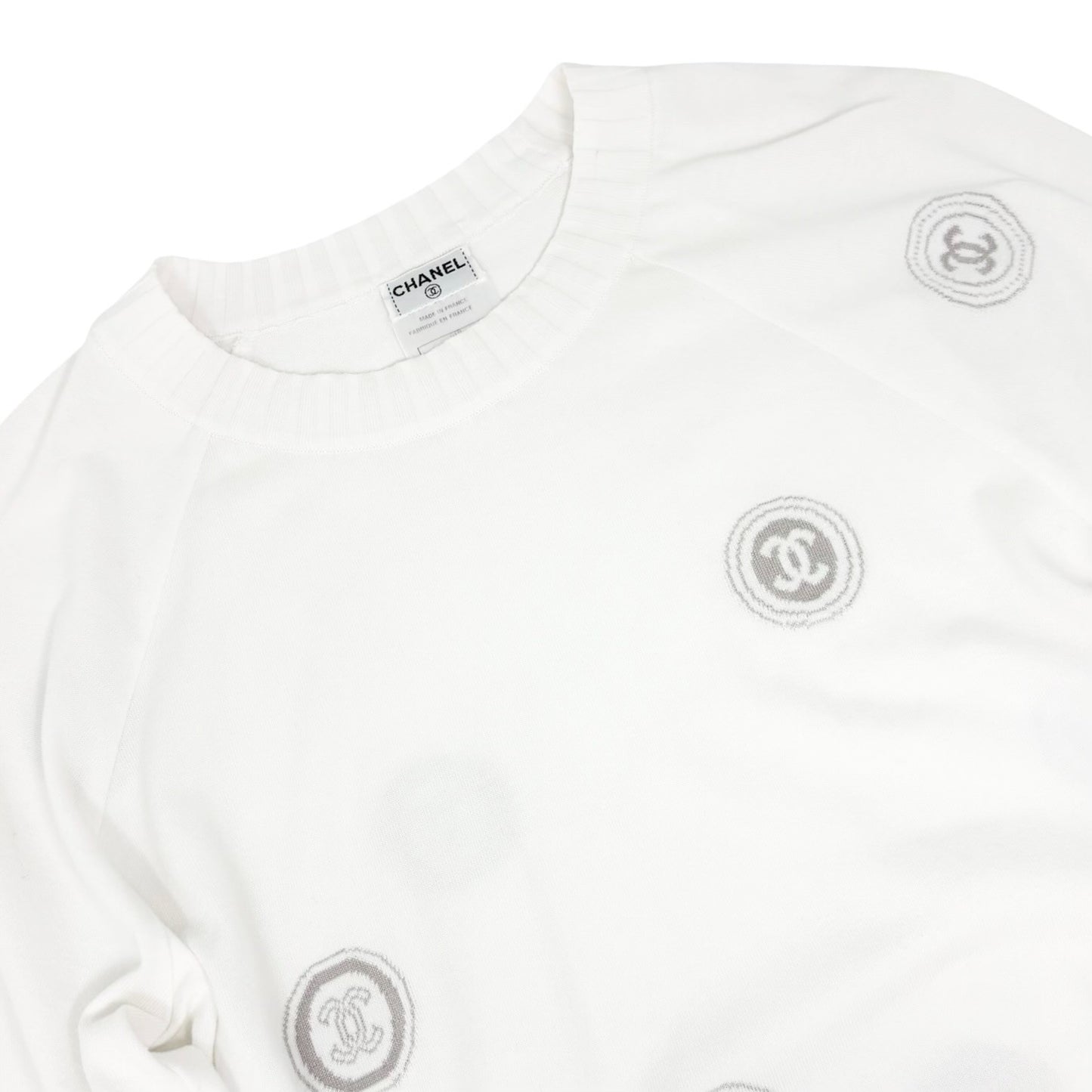 CHANEL Vintage 01P CC Stamp Logo Long Sleeve Shirt Top #38 White Greige 902431