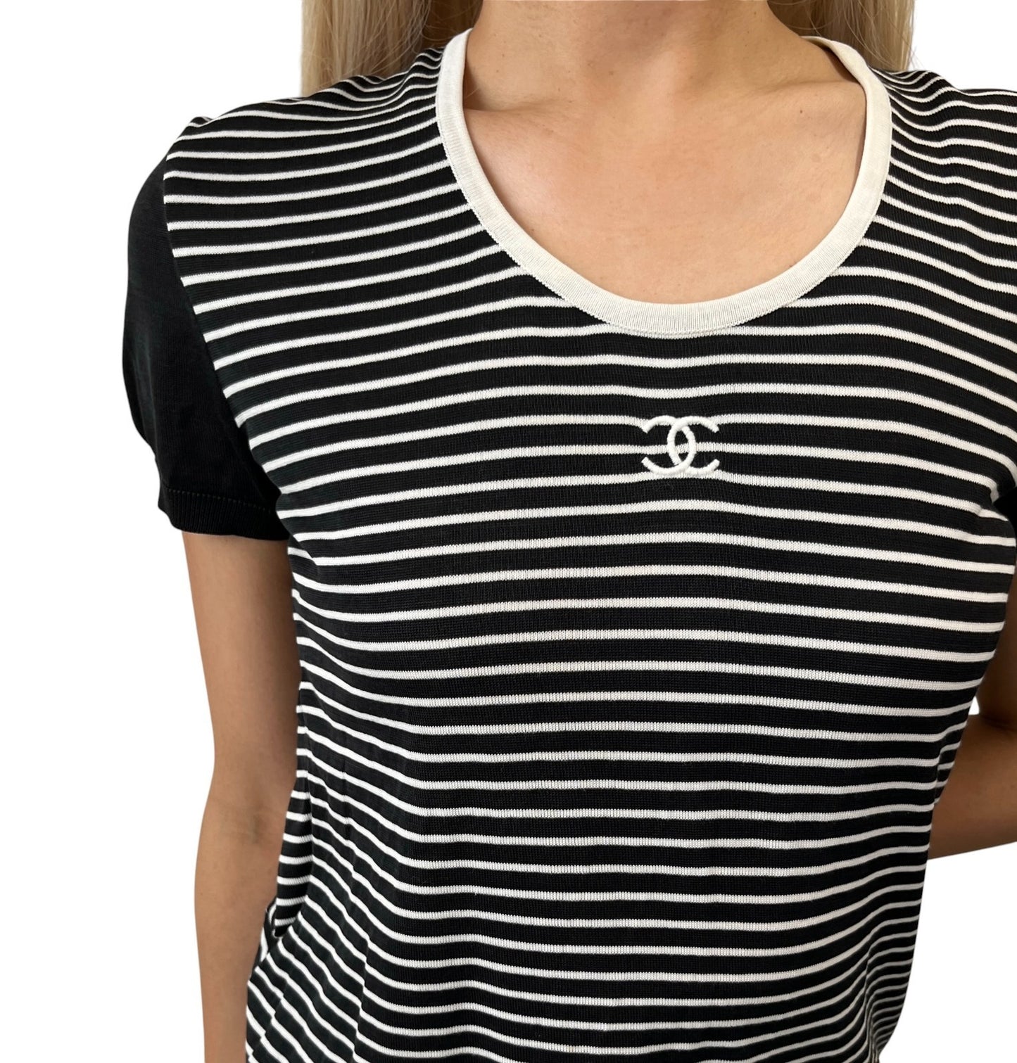 CHANEL Vintage CC Mark Logo Stripe T-shirt Top #40 Black White Cotton 106910