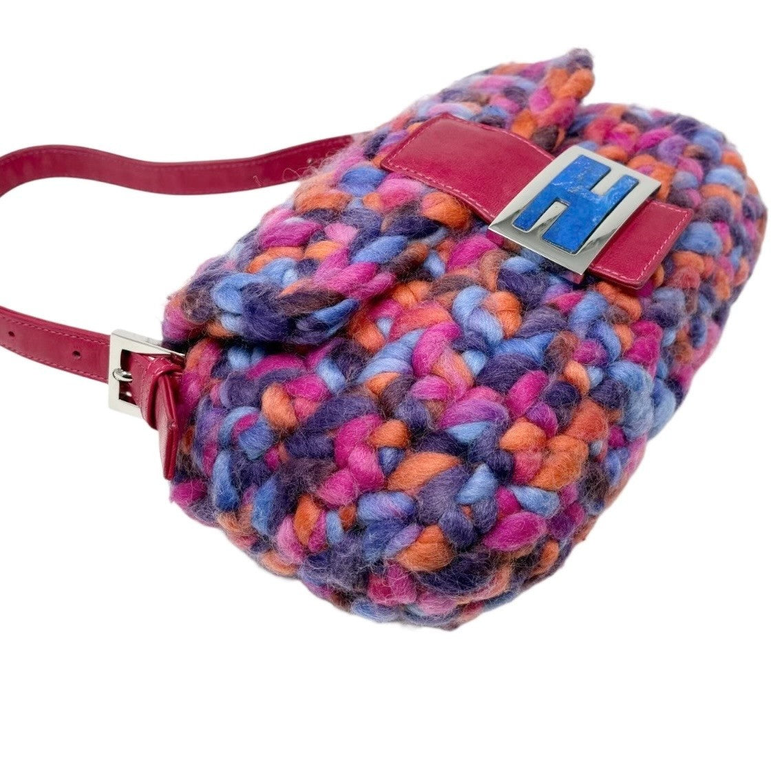 FENDI Vintage FF Logo Crochet Mamma Baguette Shoulder Bag Pink Multicolor Wool