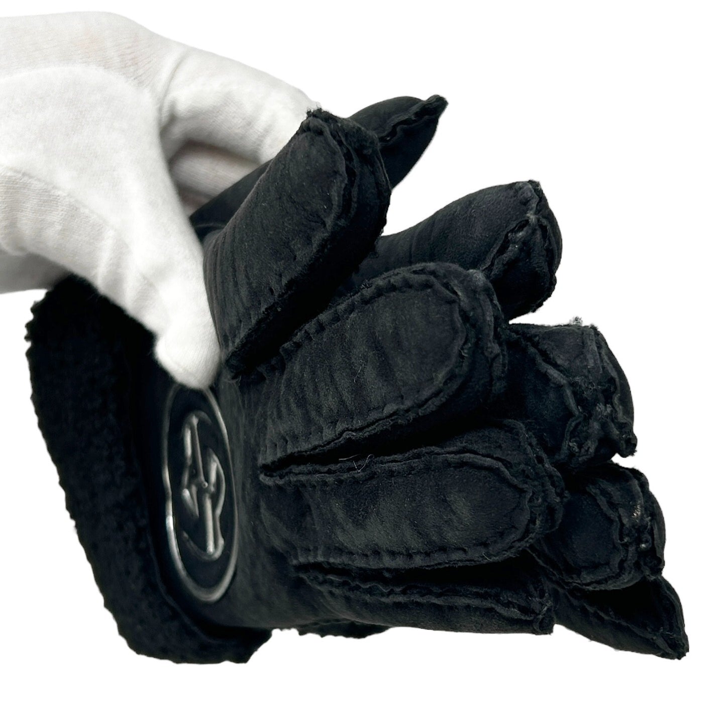 GUCCI Vintage GG Interlocking Logo Gloves #7.5 Black Silver Leather RankAB
