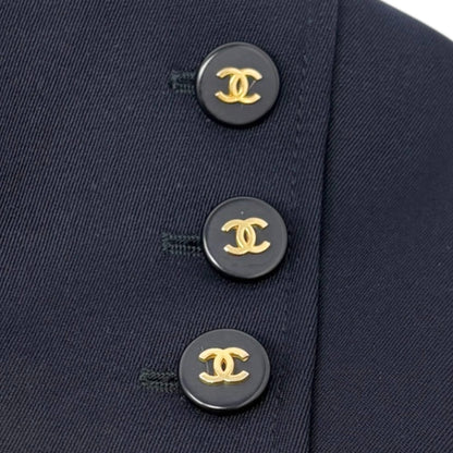 CHANEL Vintage 97P CC Logo Button Blazer Jacket #42 Dark Blue Gold Wool Pocket