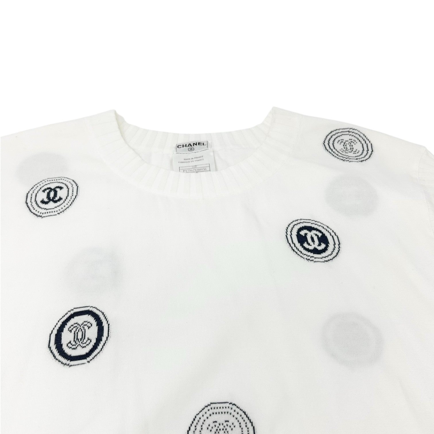 CHANEL Vintage 01P CC Logo T-shirt Top #34 White Blue Cotton Rib short sleeve