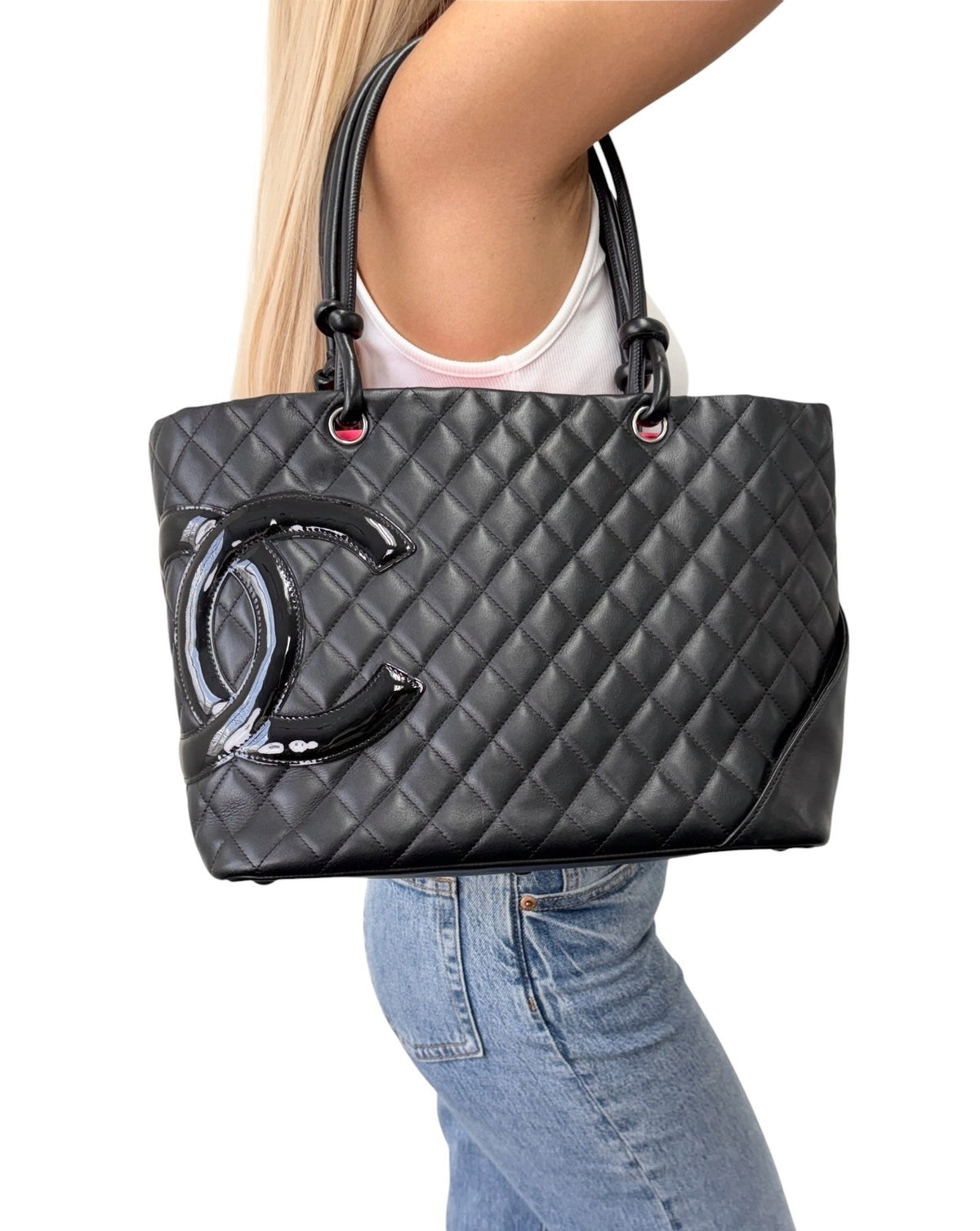 CHANEL Vintage Cambon Line CC Logo Quilted Shoulder Tote Bag Black 902456
