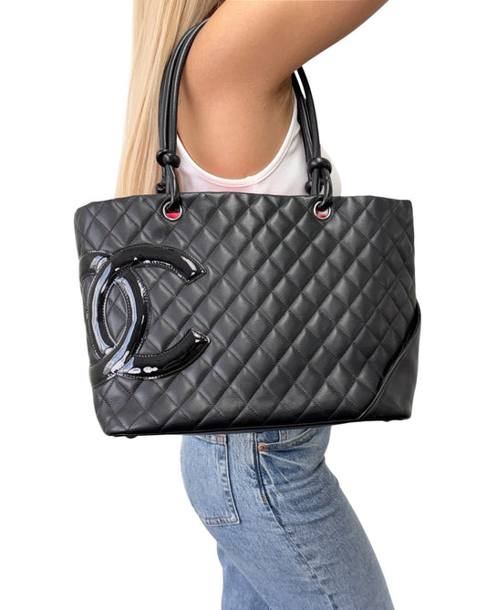 CHANEL Vintage Cambon Line CC Logo Quilted Shoulder Tote Bag Black 902456