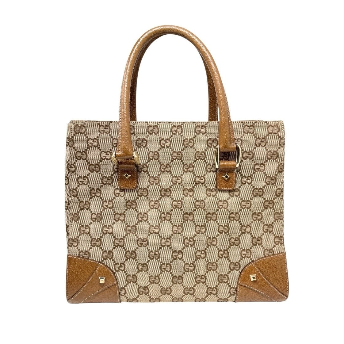 GUCCI Vintage GG Canvas Monogram Tote Bag Nailhead Camel Brown Studs Leather