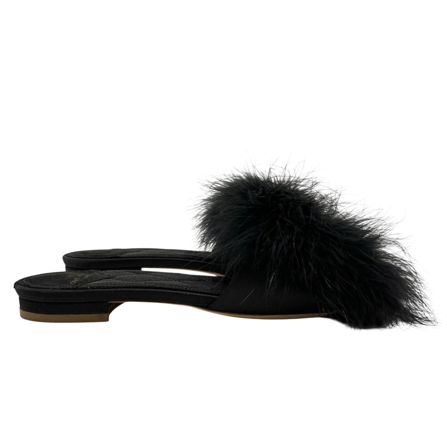 LOUIS VUITTON LV Bijou Logo Fur Flat Sandals #36 Rhinestone Black Gold Satin