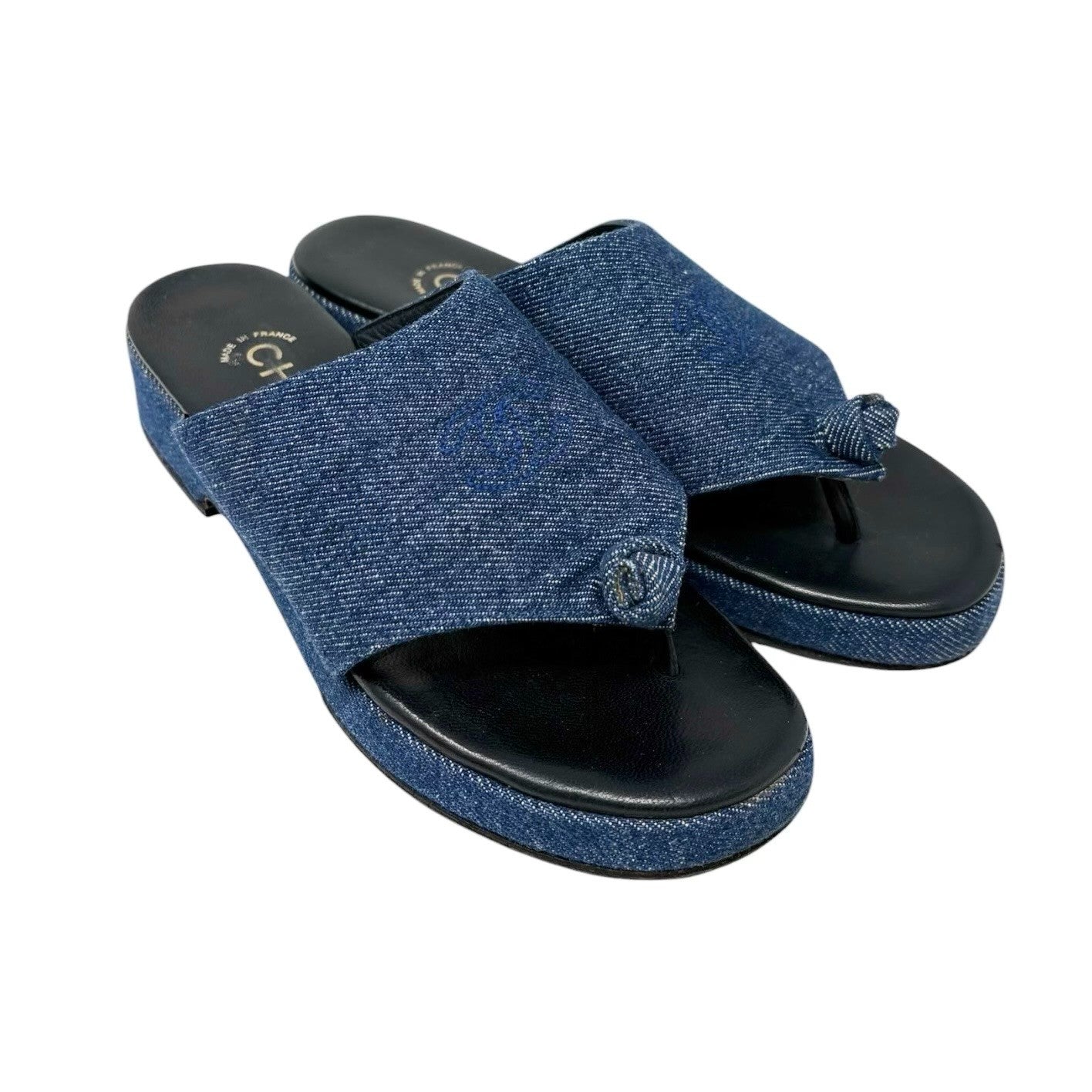 CHANEL Vintage CC Stitch Logo Thong Denim Sandals #37 Blue Black Leather