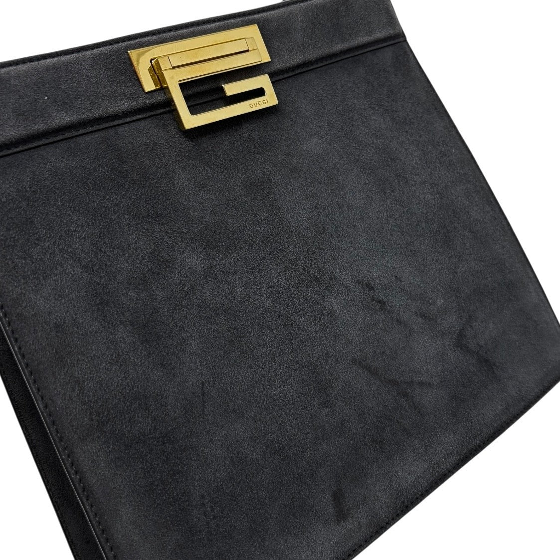 GUCCI Vintage G Square Logo Shoulder Bag Gray Gold Suede Leather 902248