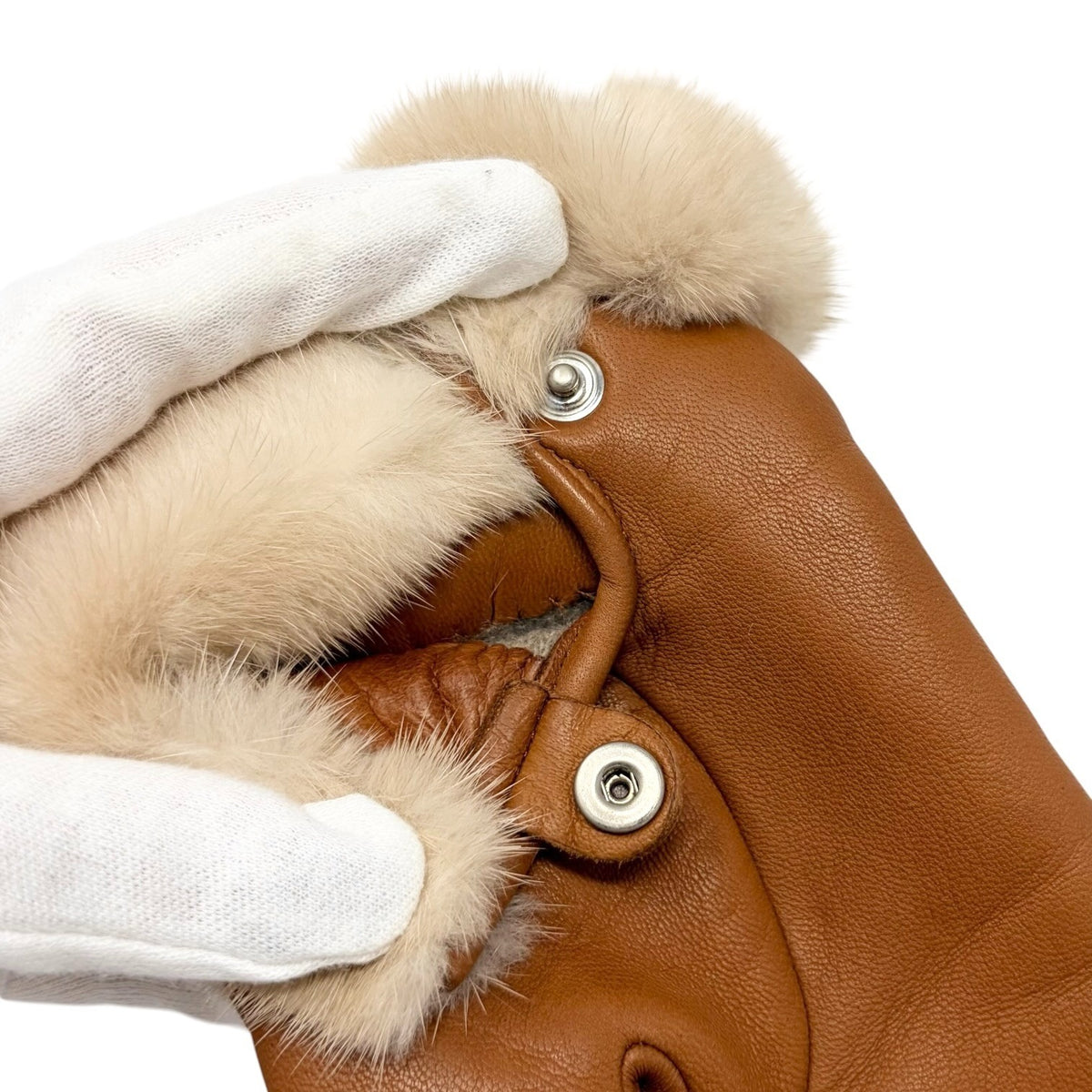 HERMES Vintage Kelly Padlock Cadena Fur Trim Leather Gloves #7 Brown 902367