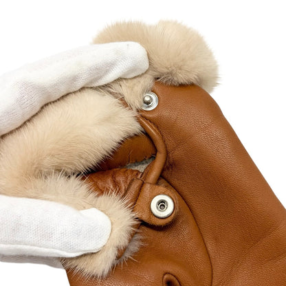 HERMES Vintage Kelly Padlock Cadena Fur Trim Leather Gloves #7 Brown 902367