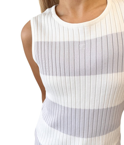 CHANEL Vintage 98P CC Stripe Rib Knit Tank Top #40 White Purple Cotton 902266