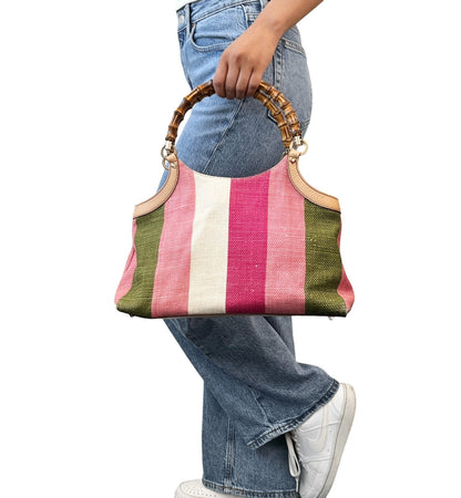 GUCCI Vintage Bamboo Stripe Hobo Shoulder Bag Handbag Multicolor Canvas 902335