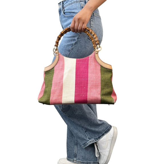 GUCCI Vintage Bamboo Stripe Hobo Shoulder Bag Handbag Multicolor Canvas 902335