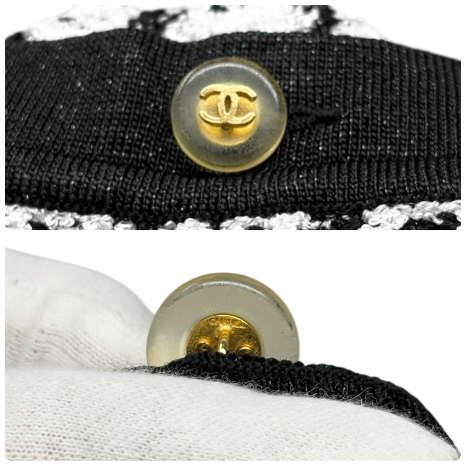 CHANEL Vintage 97P CC Logo Button Tweed Cardigan Sweater Top Black White