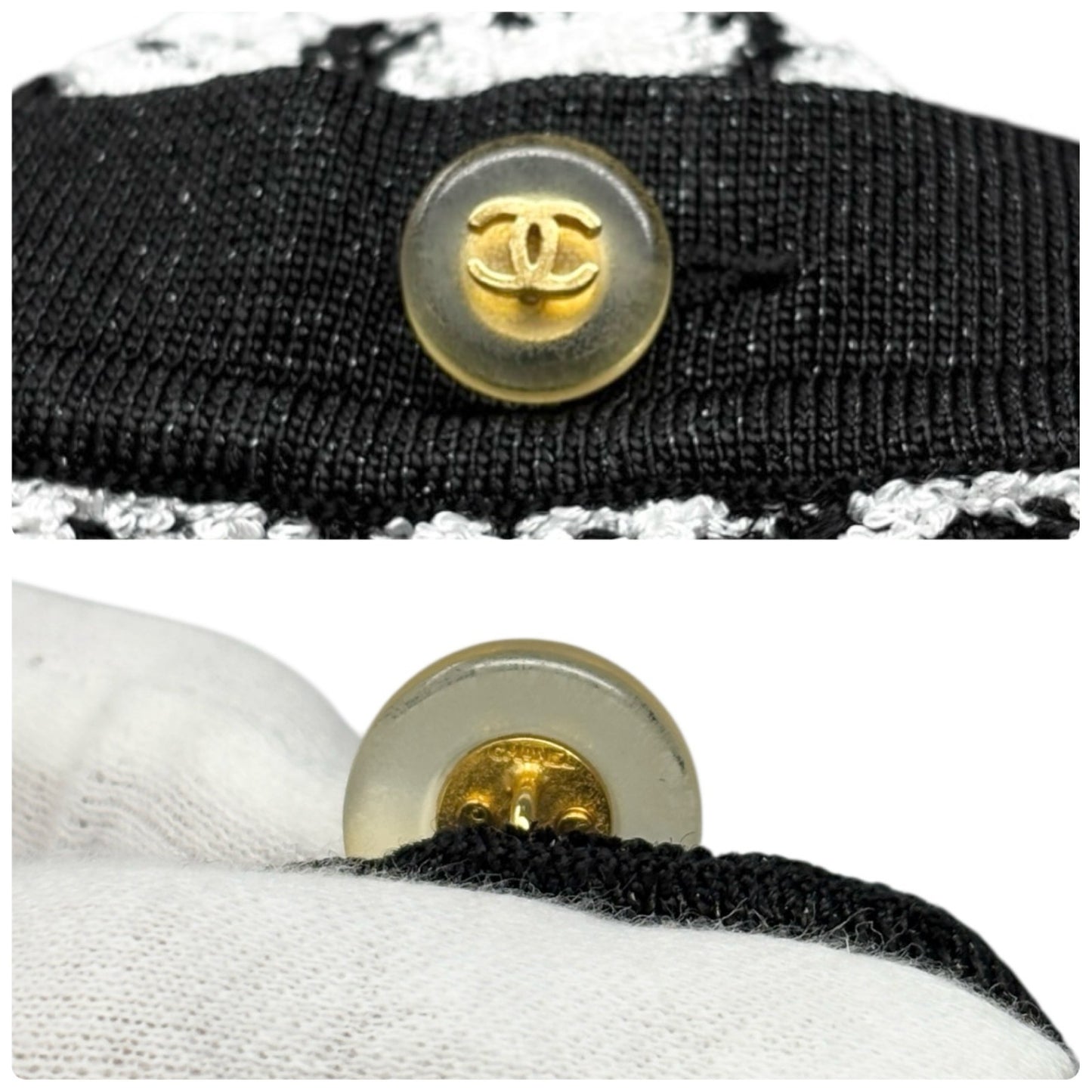 CHANEL Vintage 97P CC Logo Button Tweed Cardigan Sweater Top Black White