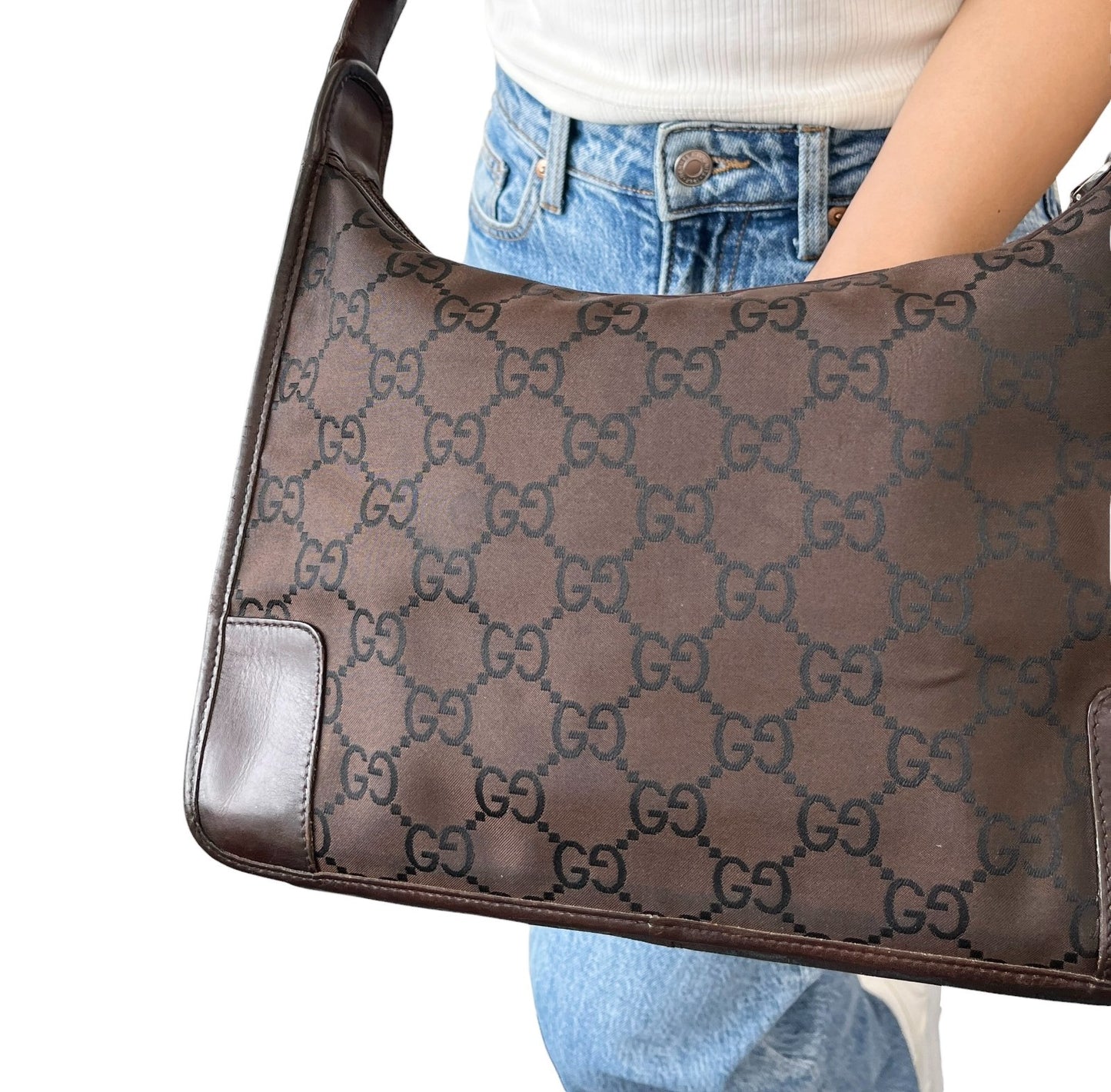 GUCCI Vintage GG Monogram Hobo Shoulder Bag Brown Nylon Leather 902271