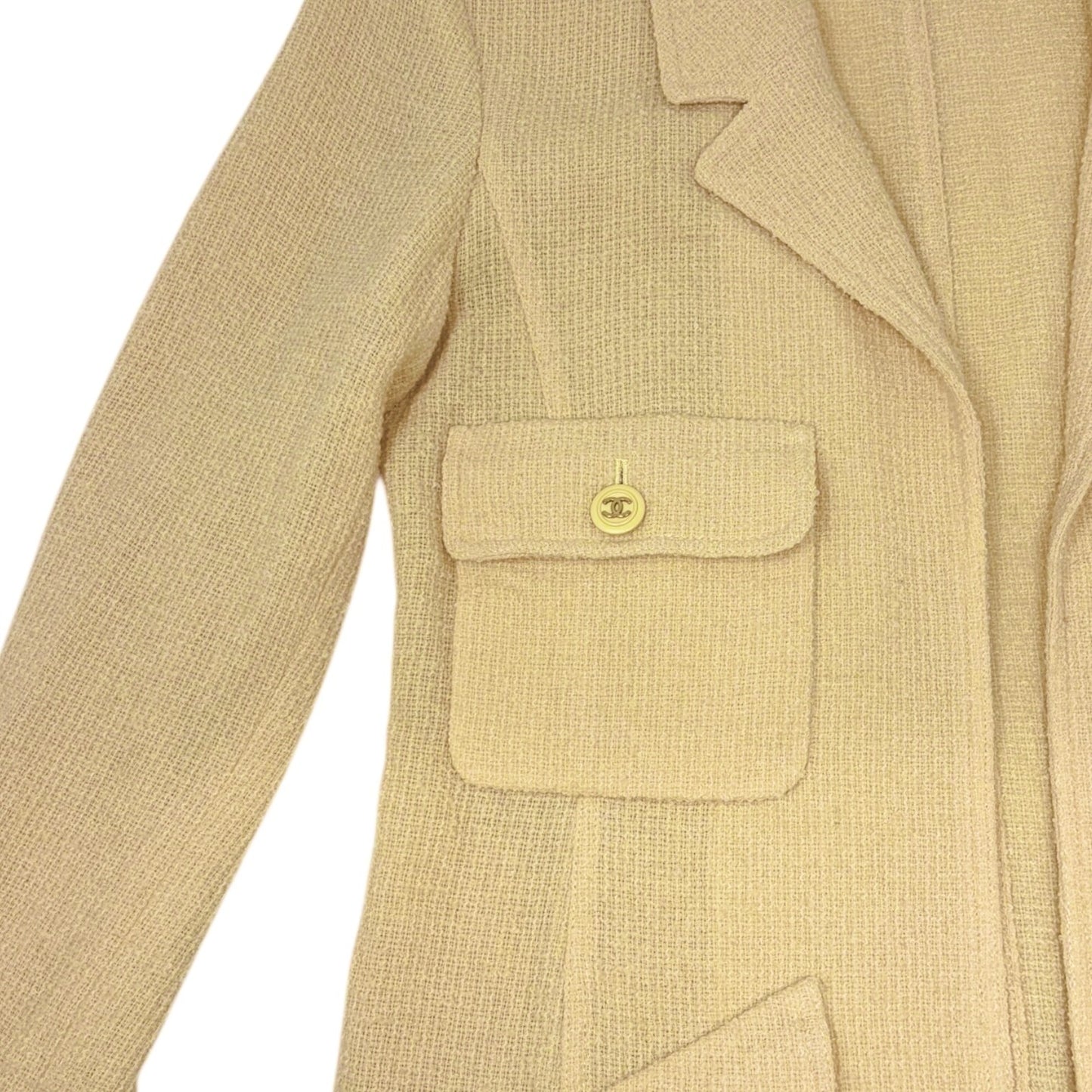 CHANEL Vintage 1994 CC Logo Tweed Collared Jacket #34 Yellow Gold Button Wool
