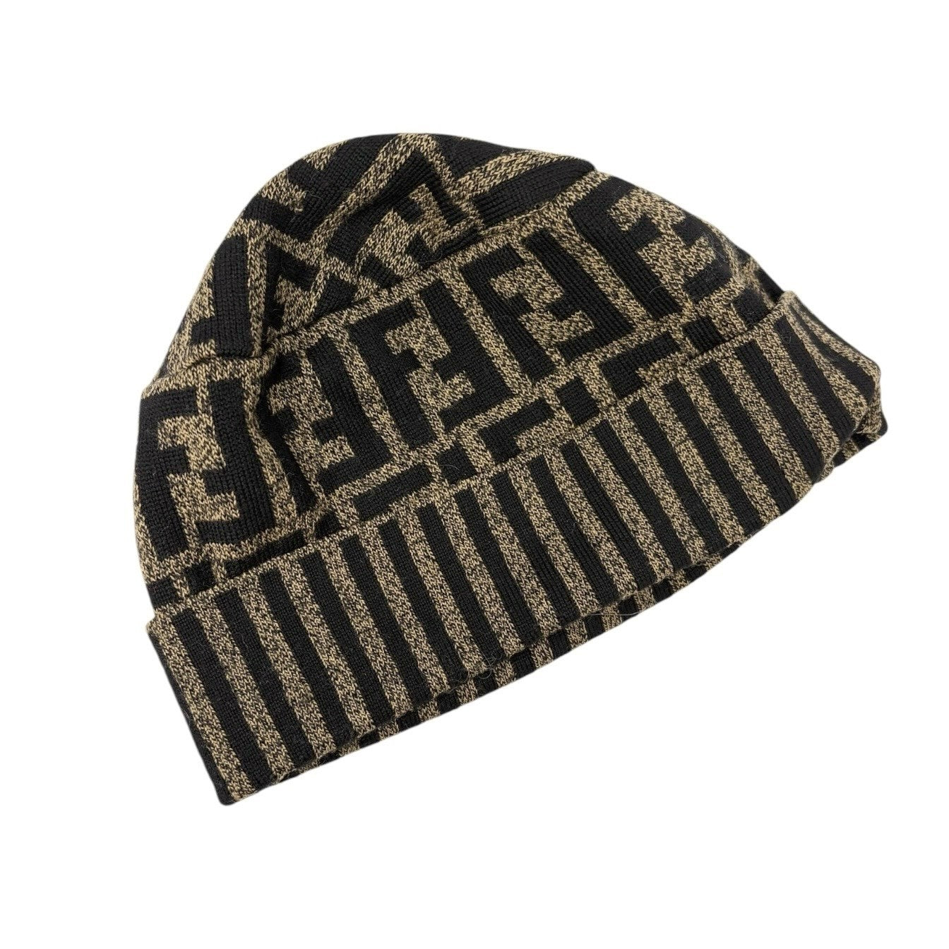 FENDI Vintage Zucca Knit Beanie Cap Stripe Brown Black FF Logo Monogram Wool