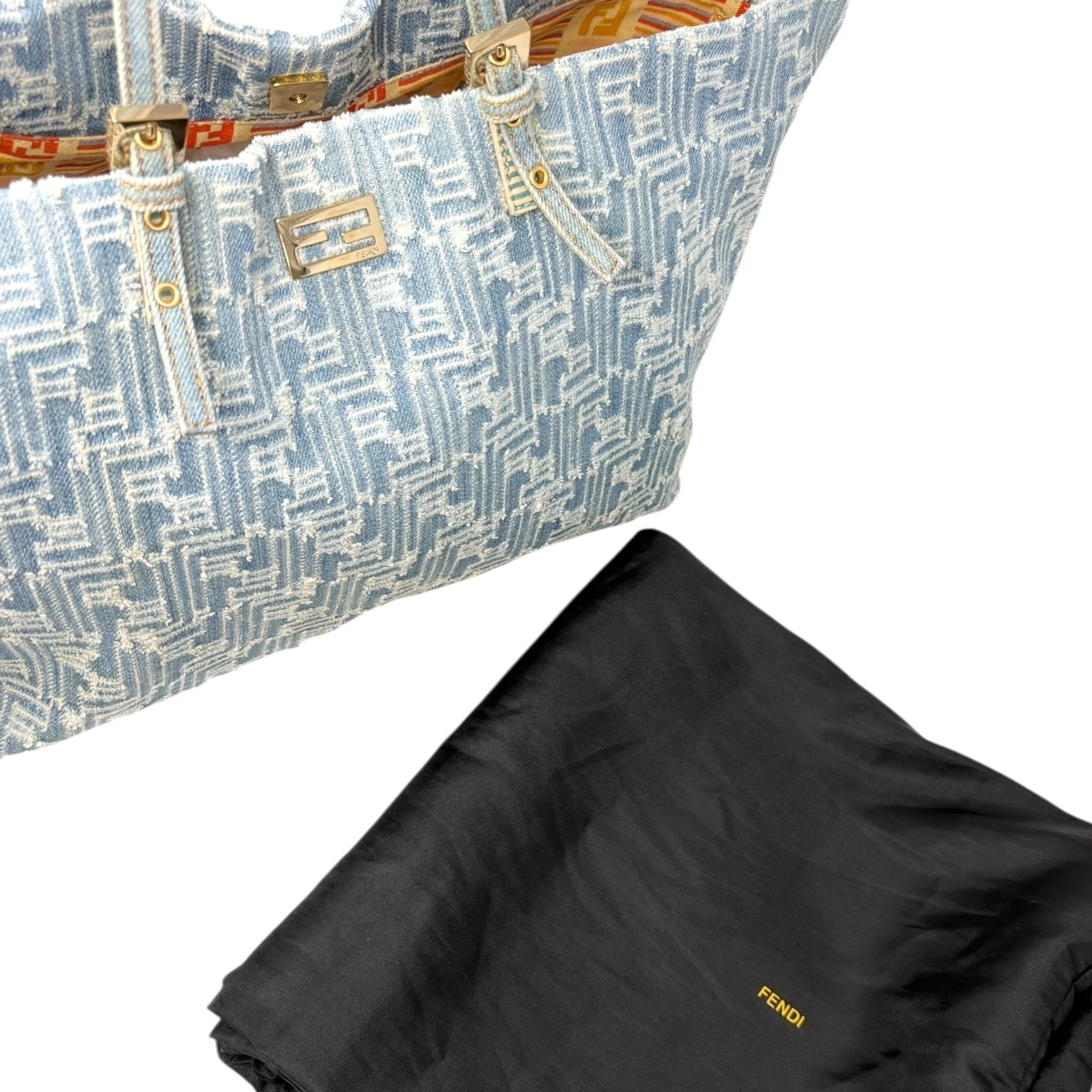 FENDI Vintage Zucca Monogram Denim Shoulder Tote Large Bag Blue FF Logo
