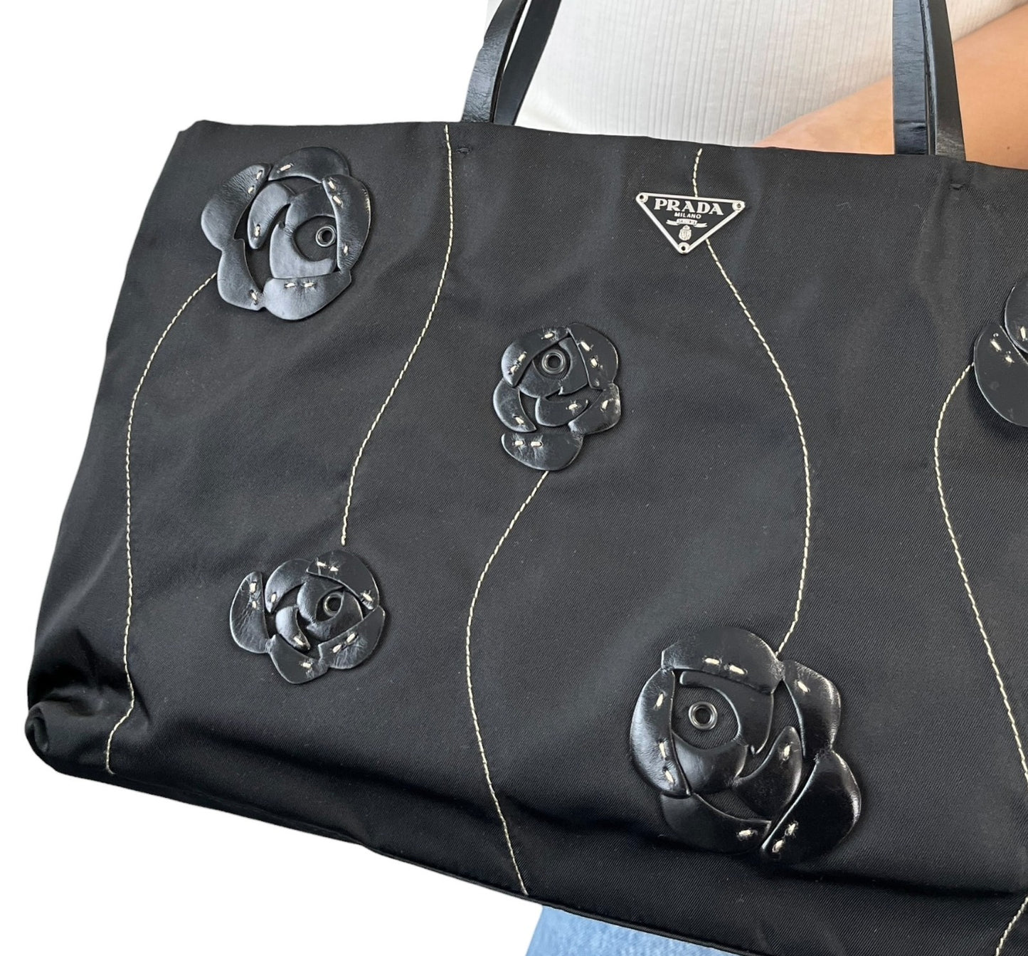 PRADA Vintage Logo Tessuto Nylon Fiori Shoulder Bag Black Gold Rose Leather