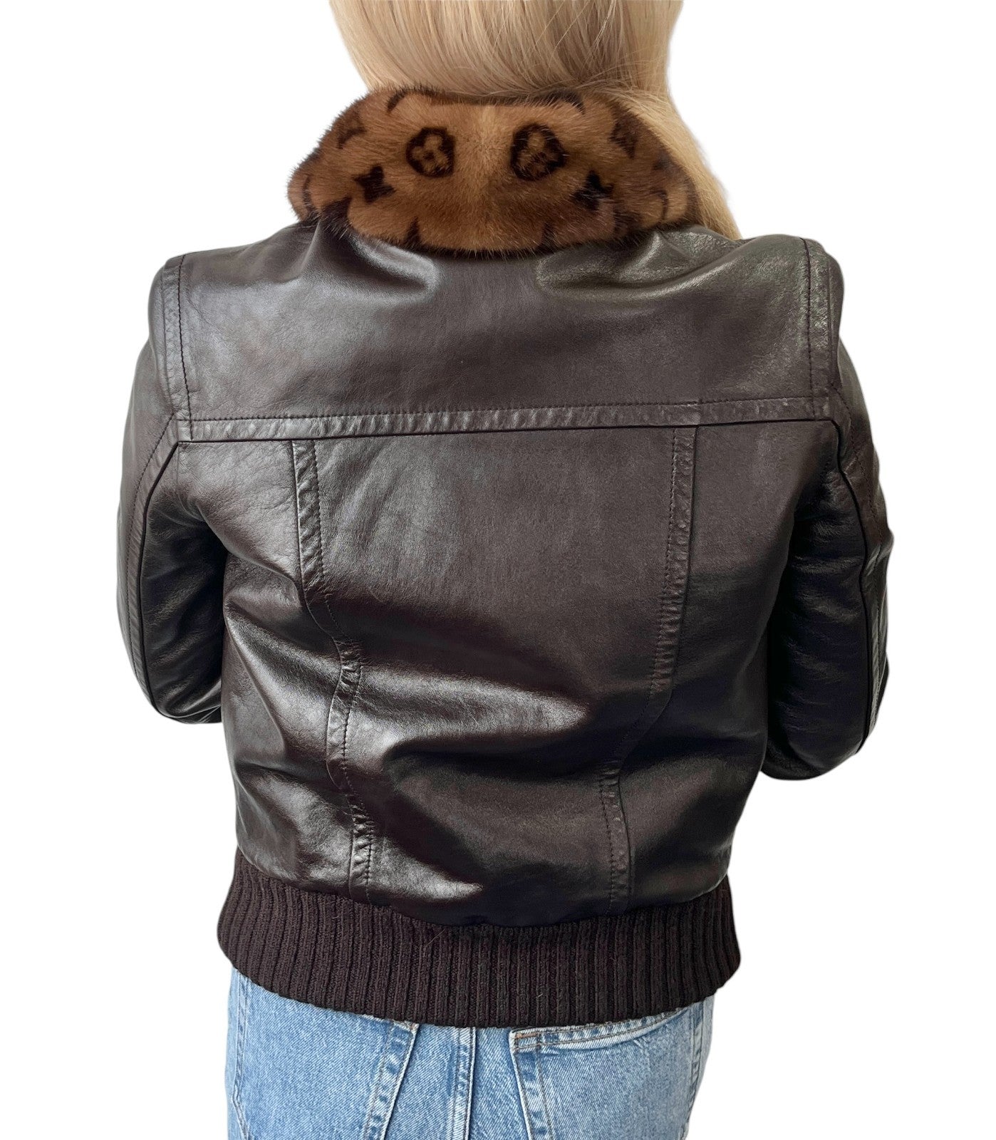 LOUIS VUITTON Vintage LV Monogram Logo Fur Leather Jacket #36 Zip Brown Gold