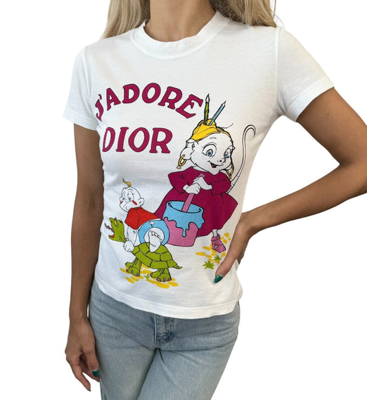 Christian Dior Vintage 2002 J'ADORE Logo Cartoon T-shirt Top #38 White 902451