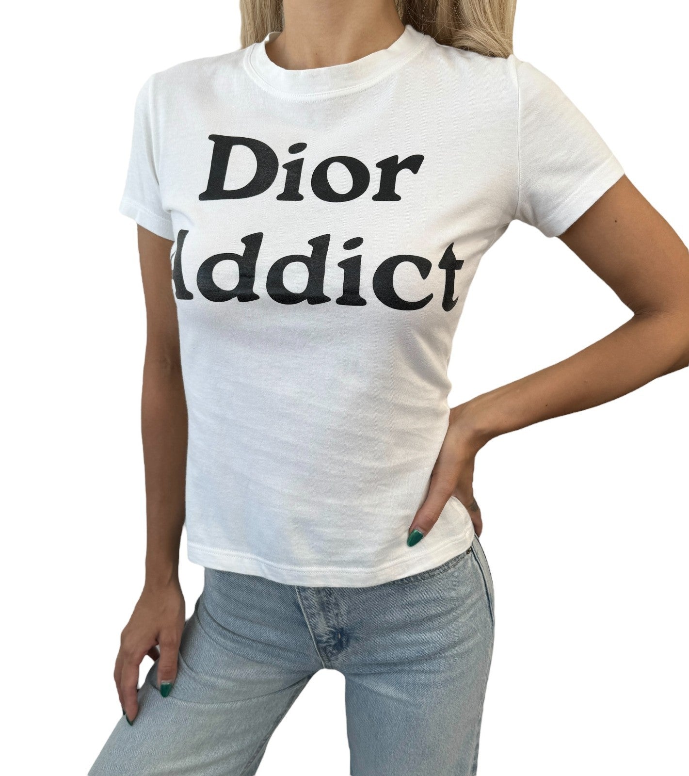 Christian Dior 2002 Vintage Addict Big Logo T-shirt Top #38 White Black Cotton